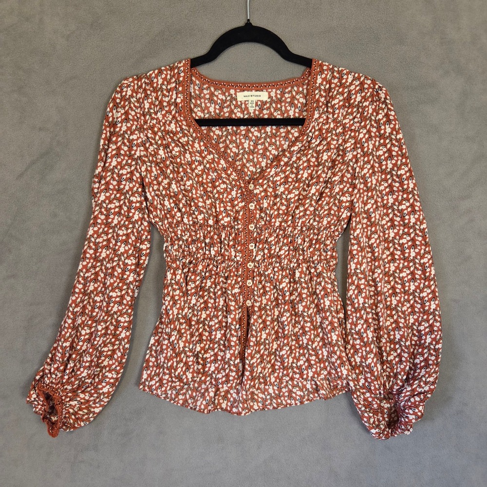 Max‎ Studio Floral Smocked Waist Top Women's XS Balloon Sleeve Boho Peasant